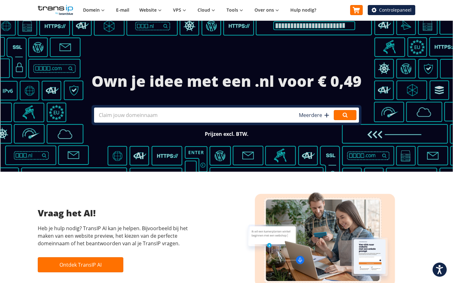 TransIP homepage hero promoting a discounted .nl domain name TransIP homepage hero promoting a discounted .nl domain name
