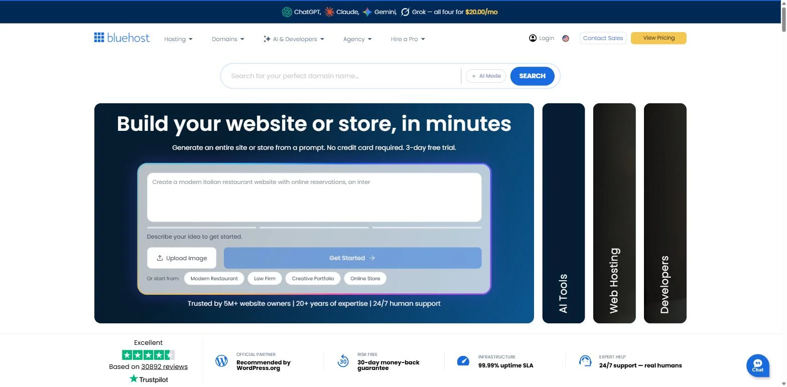 Bluehost homepage promoting its AI website builder and WordPress hosting Bluehost homepage promoting its AI website builder and WordPress hosting