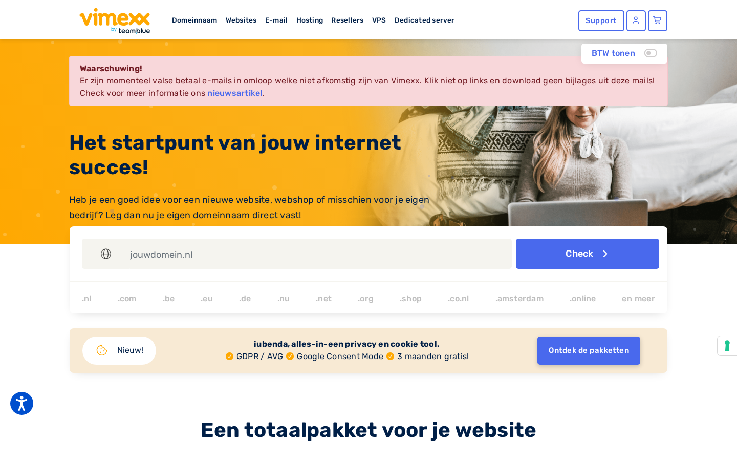 Vimexx homepage with a domain search field and navigation for hosting, VPS, and dedicated servers Vimexx homepage with a domain search field and navigation for hosting, VPS, and dedicated servers