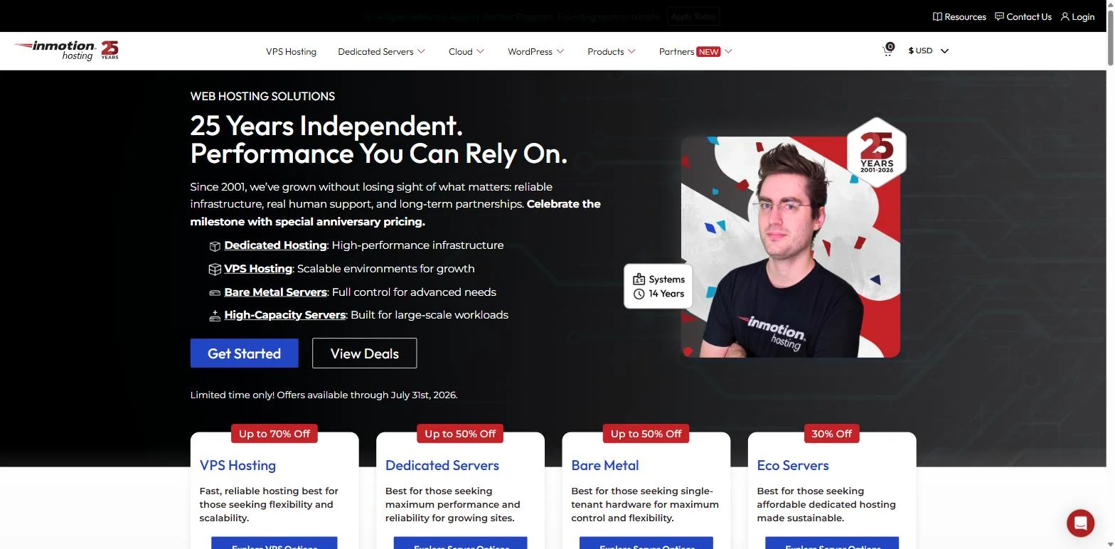 InMotion Hosting homepage marking its 25th anniversary and showing shared, VPS, and dedicated hosting InMotion Hosting homepage marking its 25th anniversary and showing shared, VPS, and dedicated hosting