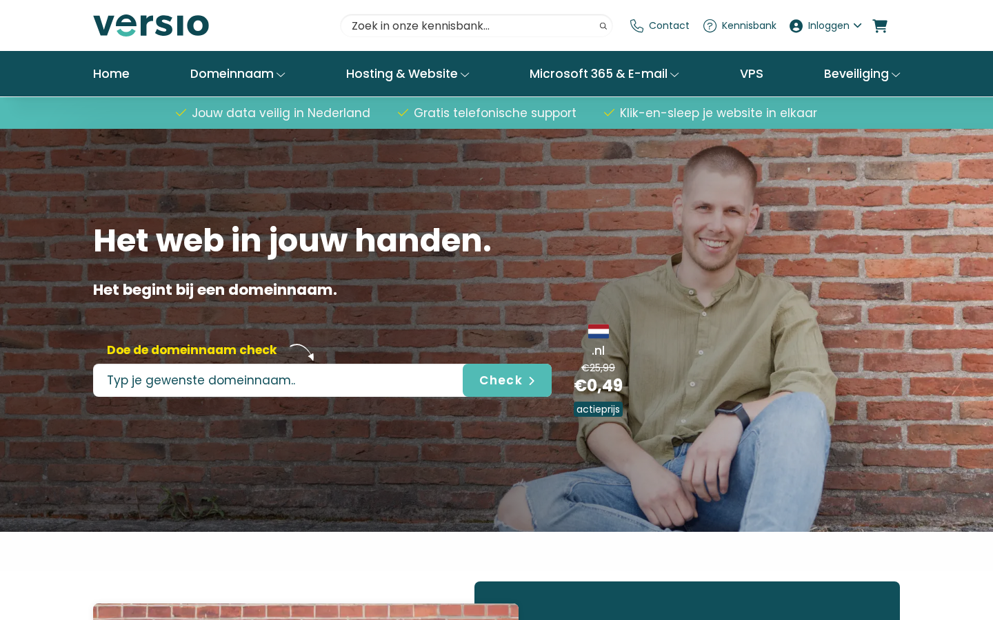 Versio homepage hero with a domain search box and links to hosting, email, VPS, and security products Versio homepage hero with a domain search box and links to hosting, email, VPS, and security products