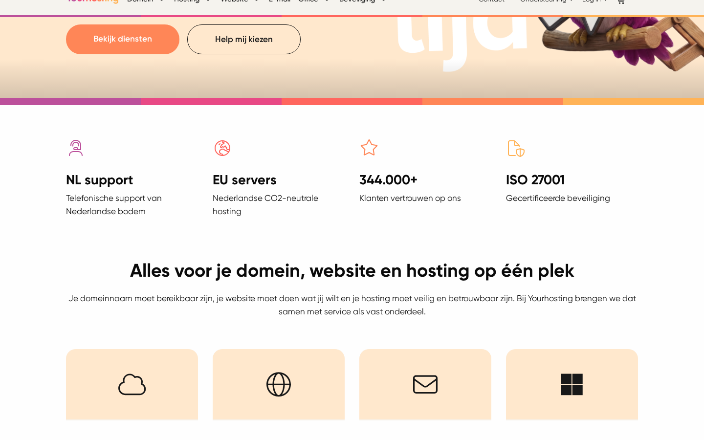 Yourhosting homepage highlighting Dutch support, EU servers, and ISO 27001 certification Yourhosting homepage highlighting Dutch support, EU servers, and ISO 27001 certification