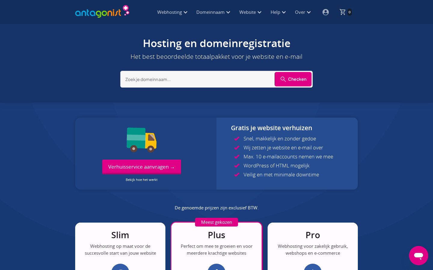 Antagonist homepage showing its hosting and domain search area and Slim, Plus, and Pro plans Antagonist homepage showing its hosting and domain search area and Slim, Plus, and Pro plans