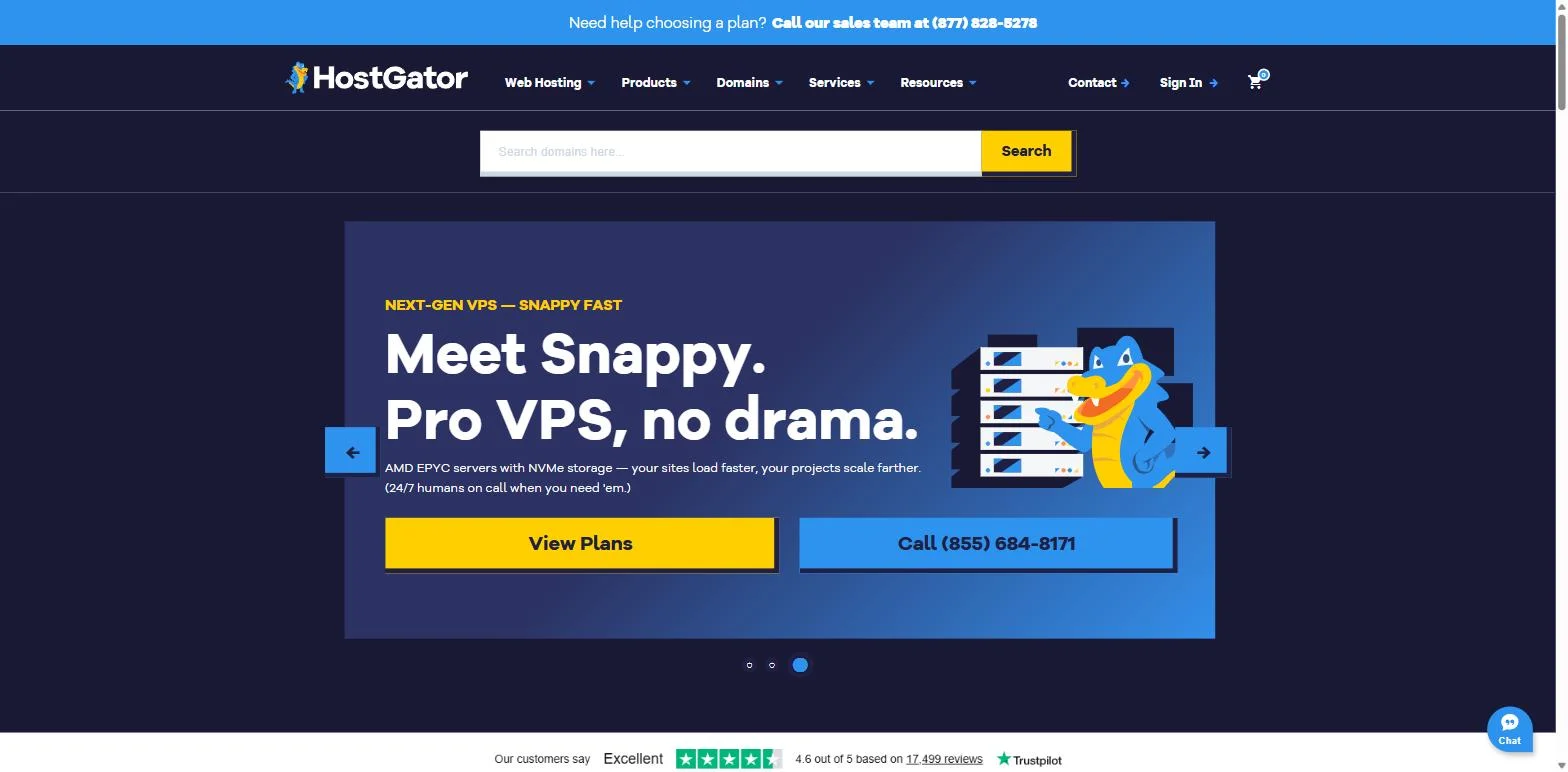 HostGator homepage promoting its Snappy Pro VPS plans HostGator homepage promoting its Snappy Pro VPS plans