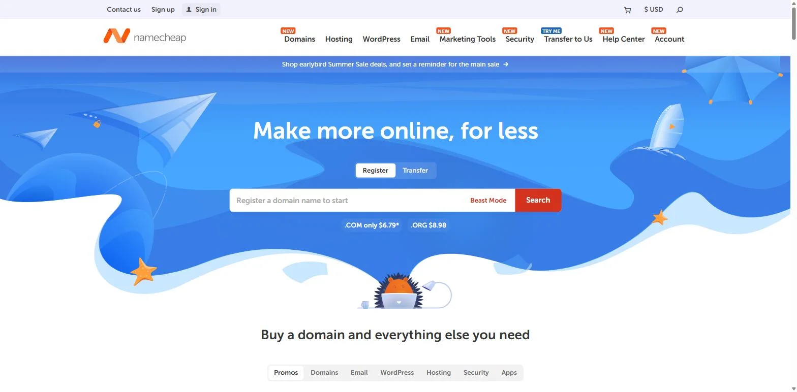 Namecheap homepage with its domain search field and current registration offers Namecheap homepage with its domain search field and current registration offers