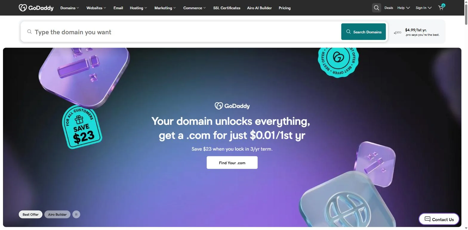 GoDaddy homepage promoting a discounted .com domain offer GoDaddy homepage promoting a discounted .com domain offer