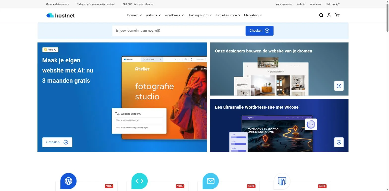 Hostnet homepage showing its hosting navigation, domain search, and website-building offers Hostnet homepage showing its hosting navigation, domain search, and website-building offers